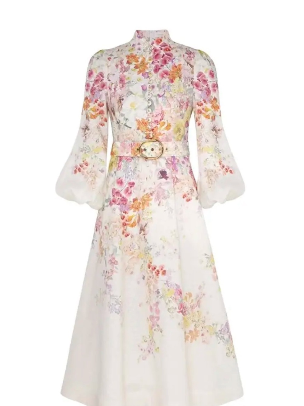 Zimmermann “Natural” Floral Midi Dress with Pink and Yellow Bouquet